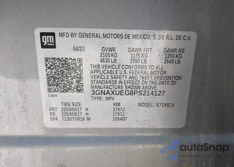 2023 Chevrolet Equinox Awd Lt из США, поврежденный, VIN 3GNAXUEG8PS214127